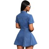 Blue Short Sleeve Jeans Single Breasted Pleated Mini Skirt Dress