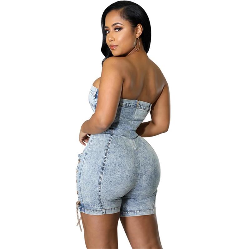 Light Blue Off Shoulder Denim Bodycon Sexy Chains Bandage Rompers