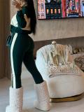 Green Two Pieces Long Sleeve POLO Tops Sheath Casual Long Pant Sets