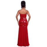 Red Off Shoulder Sequins Bodycon Pleated Evening Prom Long Dress