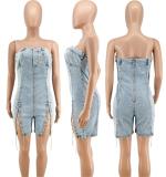 Light Blue Off Shoulder Denim Bodycon Sexy Chains Bandage Rompers