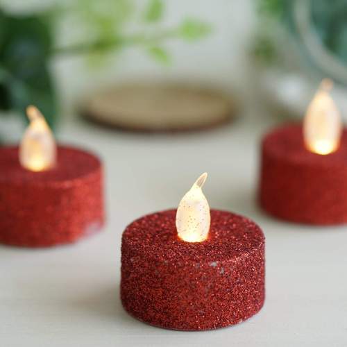 Red Glitter Battery Operated Tea Light Candles,Flameless LED Candles