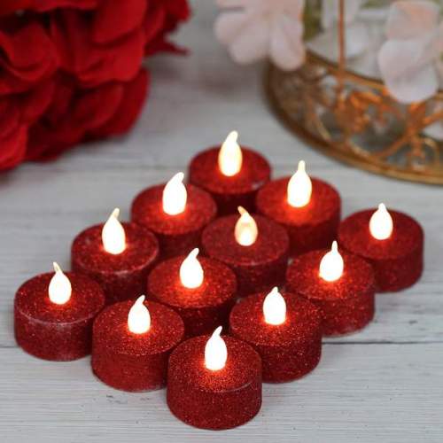 Red Glitter Battery Operated Tea Light Candles,Flameless LED Candles