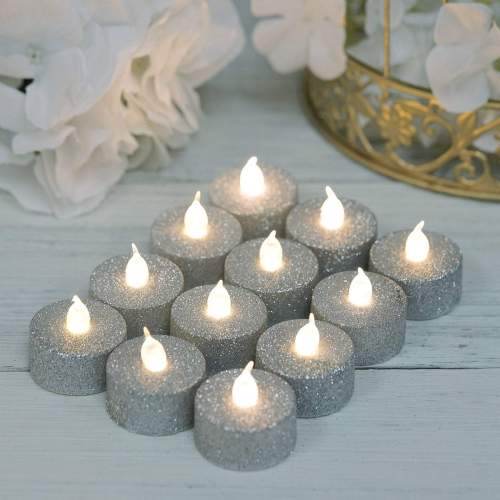 Silver Glitter Battery Operated Tea Light Candles,Flameless LED Candles