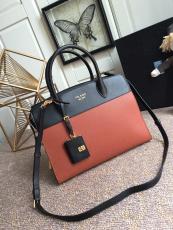 1BA047 prada female mixed-material color-contrast business briefcase laptop bag embellished with charming padlock pendant at top handle antique bronze hardware