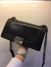 Chanel Le boy women's luxury vintage chain-strap crossbody bag elegant messenger bag antique silver hardware in Python leather