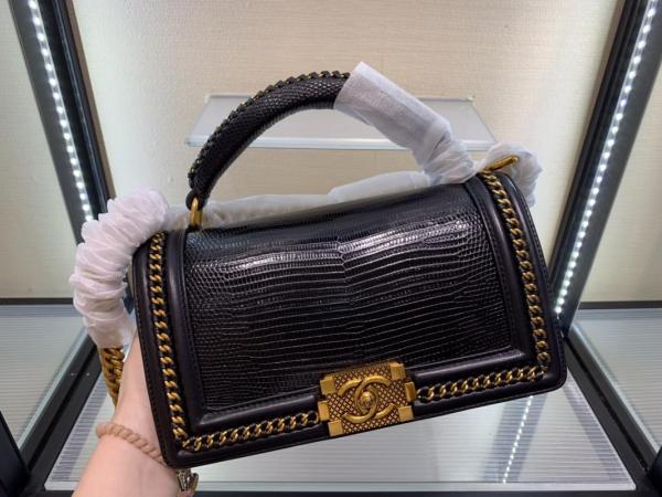Chanel Le boy handbag luxury lizard-leather portable messenger bag single chain crossbody flap bag medium size  antique bronze hardware