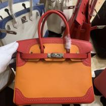Hermes Birkin 30 top-handle handbag contrast-color large-capacity holiday traveling bag gorgeous shopping tote bag in sophisticatedly -perforated swift calfskin  leather