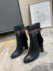Louis Vuitton/LV lady's pointed-toe mixed-material Chelsea ankle boot with chunky heel and decorative belt closure