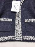 Chanel female upscale couture navy vintage socialite cropped jacket with trimmed artificial pearl superb casual coat for attending a upscale cocktail party