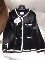 Chanel lady's vintage collarless glistening warm mink jacket luxury coldproof fur outwear with faux pearl trimming 