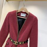 Chanel female vintage collarless cropped jacket autumn windproof thin coat streetwear with waist belt finish 