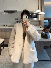 Chanel lady's high-end ready to wear collarless Merino fur leather jacket winter warm thick outerwear lamb fur coat streetwear 