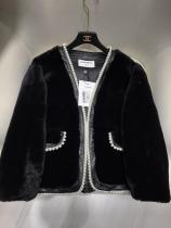 Chanel woman Merino sheepskin shearling jacket thick lamb fur coat woman's fur outerwear biker aviator coat with faux pearl trimming