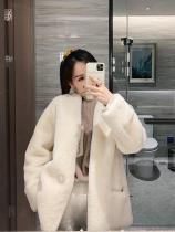 Chanel lady's high-end ready to wear collarless Merino fur leather jacket winter warm thick outerwear lamb fur coat streetwear 