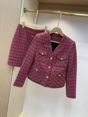 Chanel socialite vintage collarless woollen cropped jacket two-pieces set autumn coldproof thin coat tight flared skirt