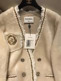 Chanel vintage Merino lambskin shearling jacket collarless winter shearling coat  lamb fur windbreaker thick warm coat with bronze badge decoration