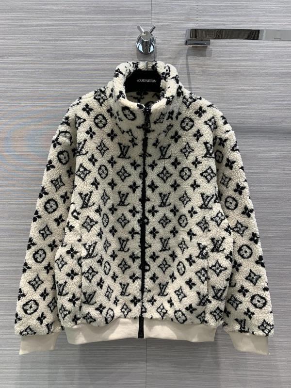Louis Vuitton/Lv neutral monogram-printed fleece jacket lightweight winter outerwear thick suede coat with front zip-up fastening