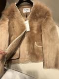 Chanel upscale lady's couture collarless fluffy fur jacket tight winter leather fur outerwear suede windbreaker with faux pearl trimming 