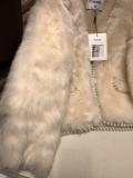 Chanel upscale lady's couture collarless fluffy fur jacket tight winter leather fur outerwear suede windbreaker with faux pearl trimming 