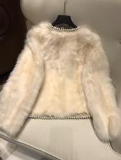 Chanel upscale lady's couture collarless fluffy fur jacket tight winter leather fur outerwear suede windbreaker with faux pearl trimming 