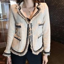 Chanel lady casual collarless boucle tweed  jacket autumn thin cropped coat upscale chanel couture socialite evening party wear