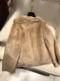 Chanel upscale lady's couture collarless fluffy fur jacket tight winter leather fur outerwear suede windbreaker with faux pearl trimming 