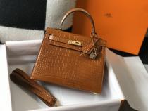 Crocodile-grainy Hermes handmade kelly 28 handbag structured shopper tote in glossy calfskin