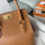 Swift tan Hermes toolbox 20cm handbag versatile bucket bowling tote full handmade stitch gold buckle