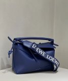 lavender/brilliant blue Loewe small puzzle handbag tote in ceramic hardware with embroidered wide strap