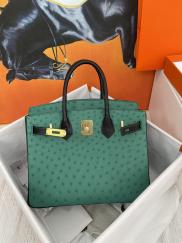Ostrich bicolor hermes Birkin 30cm ldesigner handbag structured travel tote handmade stitch