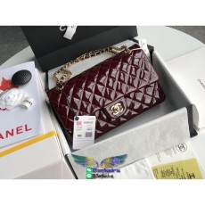 Burgundy Chanel CF25 classic double flap sling shoulder flap messenger bag in patent leather
