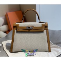 mixed material Hermes Kelly 25cm canvas handcrafted handbag business briefcase shopper tote bag