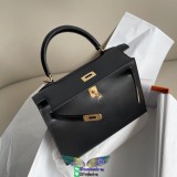 Box leather Hermes Kelly 28cm top handle handbag gold buckle semi handmade