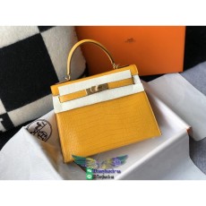 Crocodile-effect Hermes kelly 28 top-handle handbag large women's shopper tote in glossy calfskin
