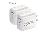 2pack QC3.0 Wall Charger Travel Charger Adapter Dual USB Port QC+PD 20W Fast Charging Power Plug for iPhone Samsung Galaxy LG Moto Google Pixel Kindle PS HTC Vivo Oneplus