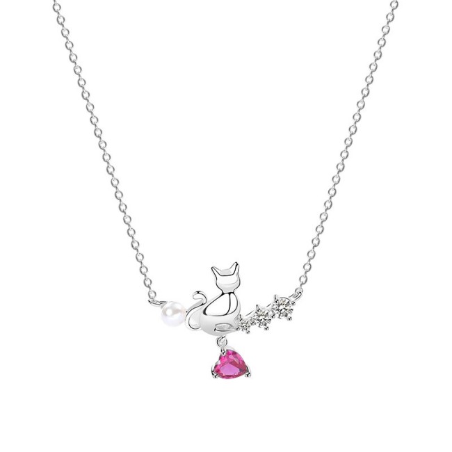 Silver cat love necklace MLA1044-1