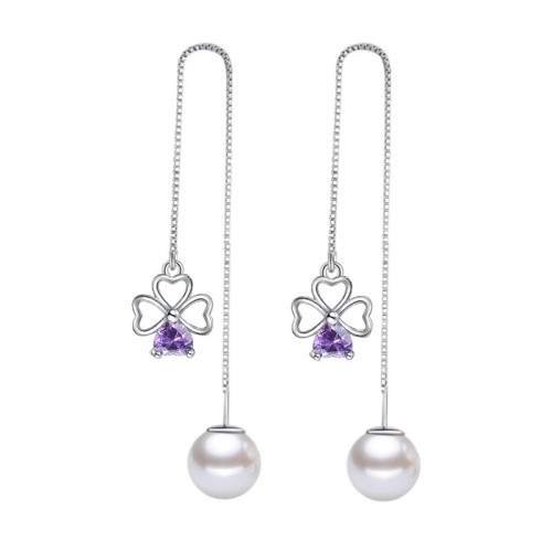 four leaf clover pearl long earring wh 38