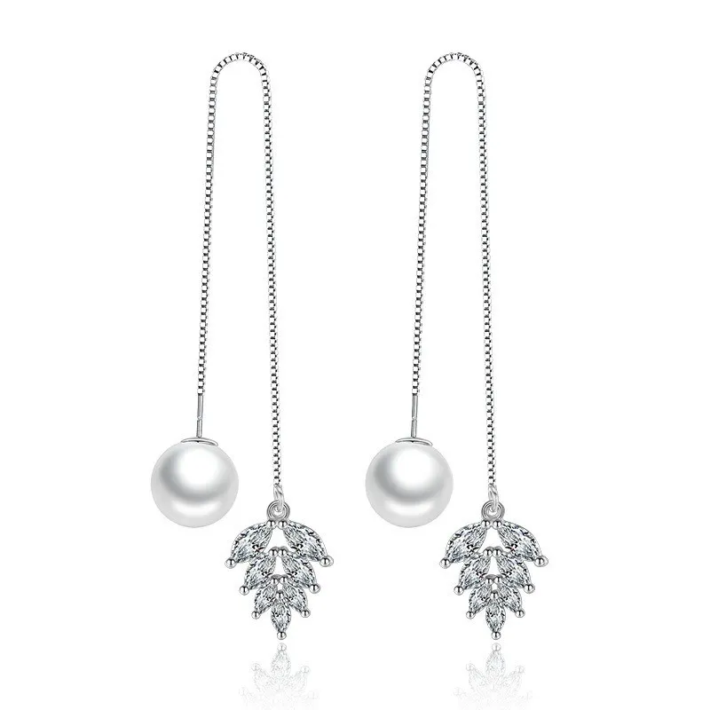 Leaves pearl long earring wh 33