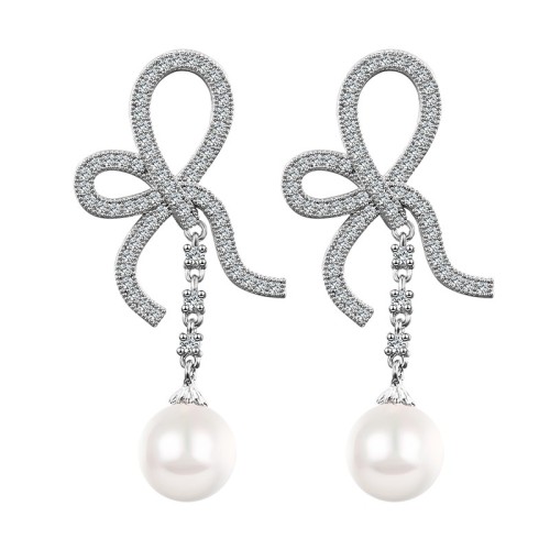 Bow pearl long earrings