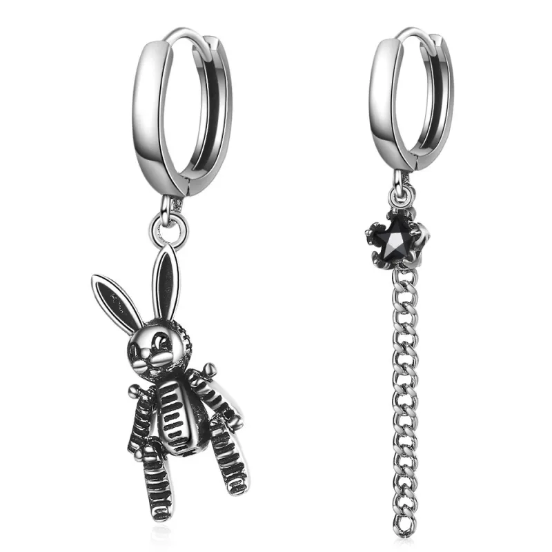 Retro Personality Earrings Female Rabbit Ear Pendant Long Fringed Asymmetric Ear Clip Zircon Ear Rings EH525