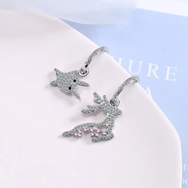 Deer Asymmetric Ear Pendant Korean-Style Cute Zirconium Diamond Little Dear Ear Stud Sweet Student Mori EH514