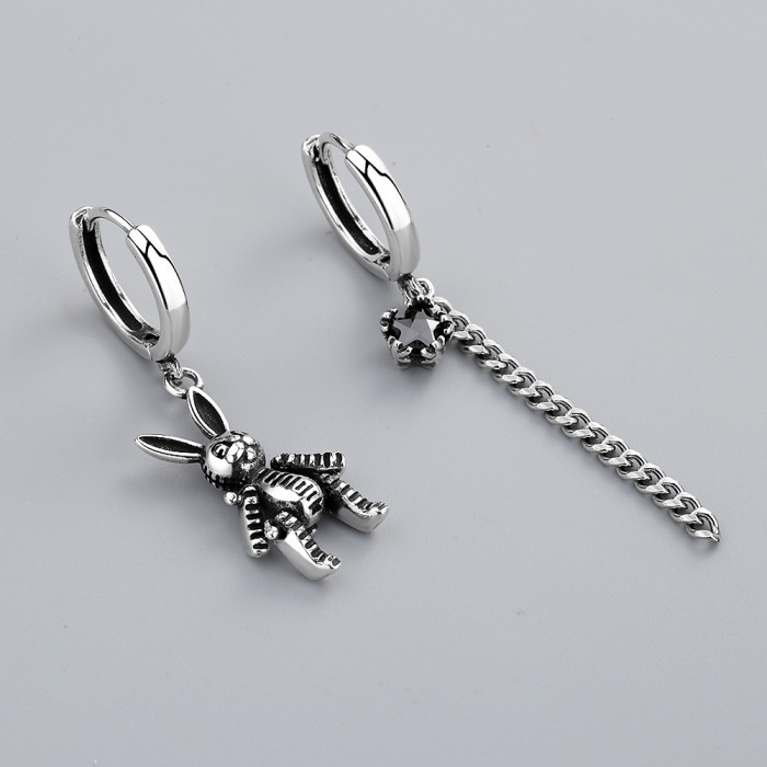 Retro Personality Earrings Female Rabbit Ear Pendant Long Fringed Asymmetric Ear Clip Zircon Ear Rings EH525