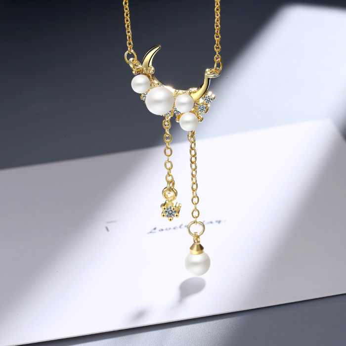 Moon Tassled Pearl Pendant Necklace Female Tide Net Red Non-Mainstream Ins Cool Clavicle Chain Short Necklace XZR501