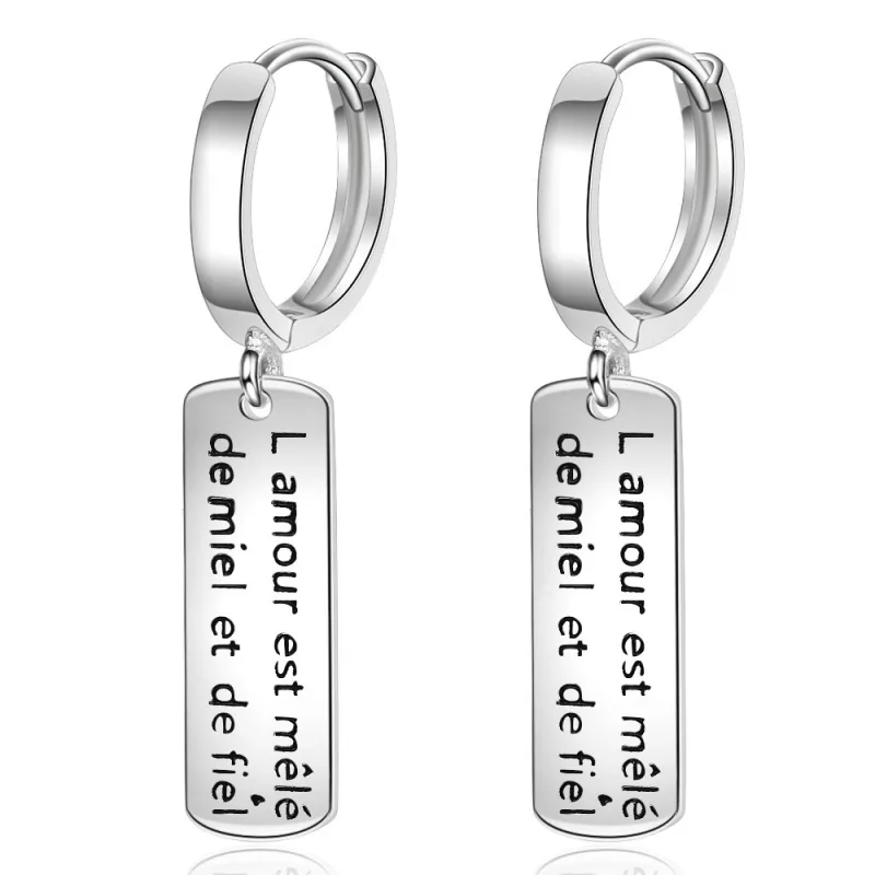 Retro Square English Lettered Long Earrings Japanese Style Simple Rectangular Ear Clip Female XZE527