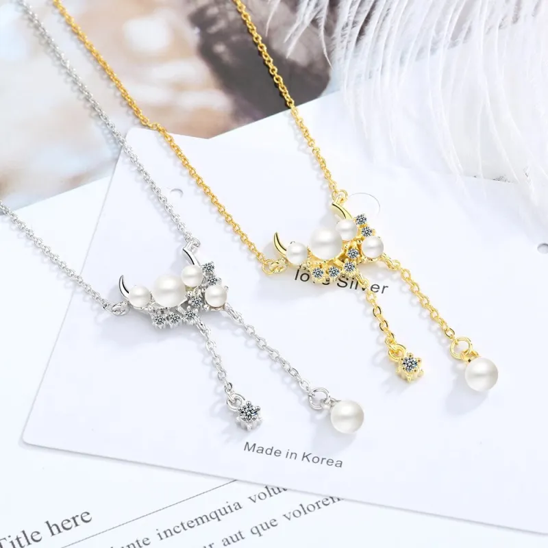 Moon Tassled Pearl Pendant Necklace Female Tide Net Red Non-Mainstream Ins Cool Clavicle Chain Short Necklace XZR501