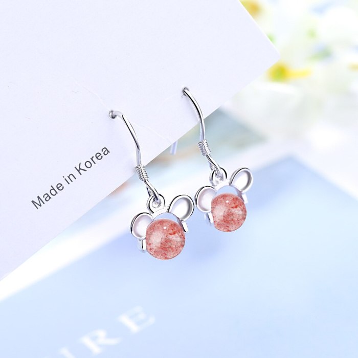 Mouse Strawberry Crystal Earrings Female Sweet Fresh Cute Girl's Ear Pendant Fairy Immortal XZE510