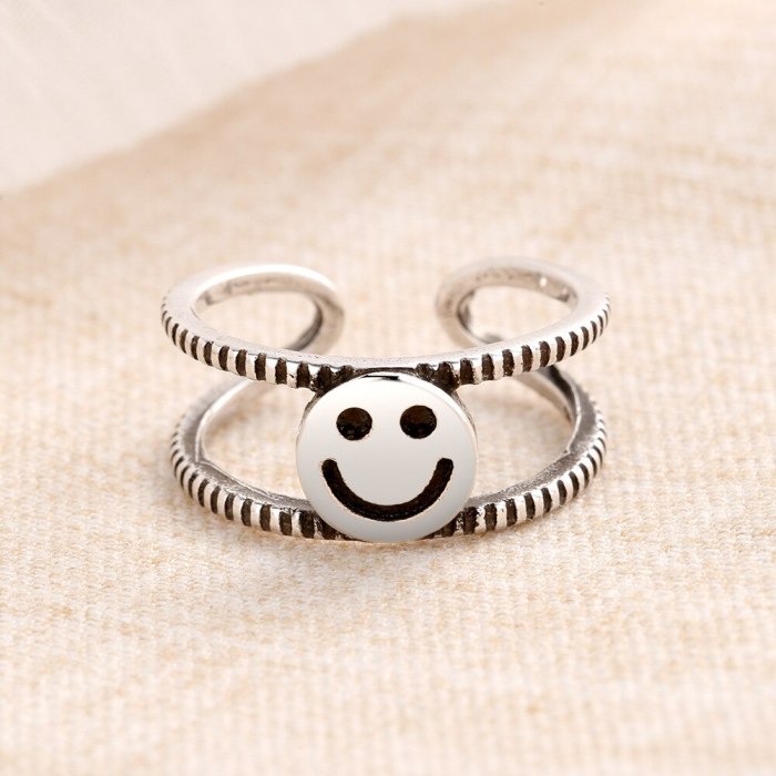 Archaism Silver Open Index Finger Smiley Face Ring Female Ins Fashion Retro Fashion Normcore Style Simple Double XZR296