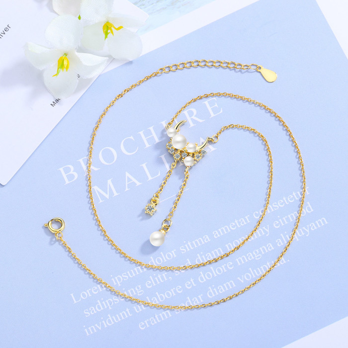 Moon Tassled Pearl Pendant Necklace Female Tide Net Red Non-Mainstream Ins Cool Clavicle Chain Short Necklace XZR501