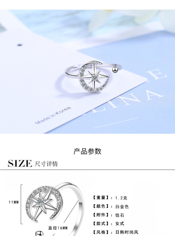 Ring Women's Japanese-Style Simple Diamond Set Moon And The Stars Open Ring Ring Fashion Single Ring Xzr305